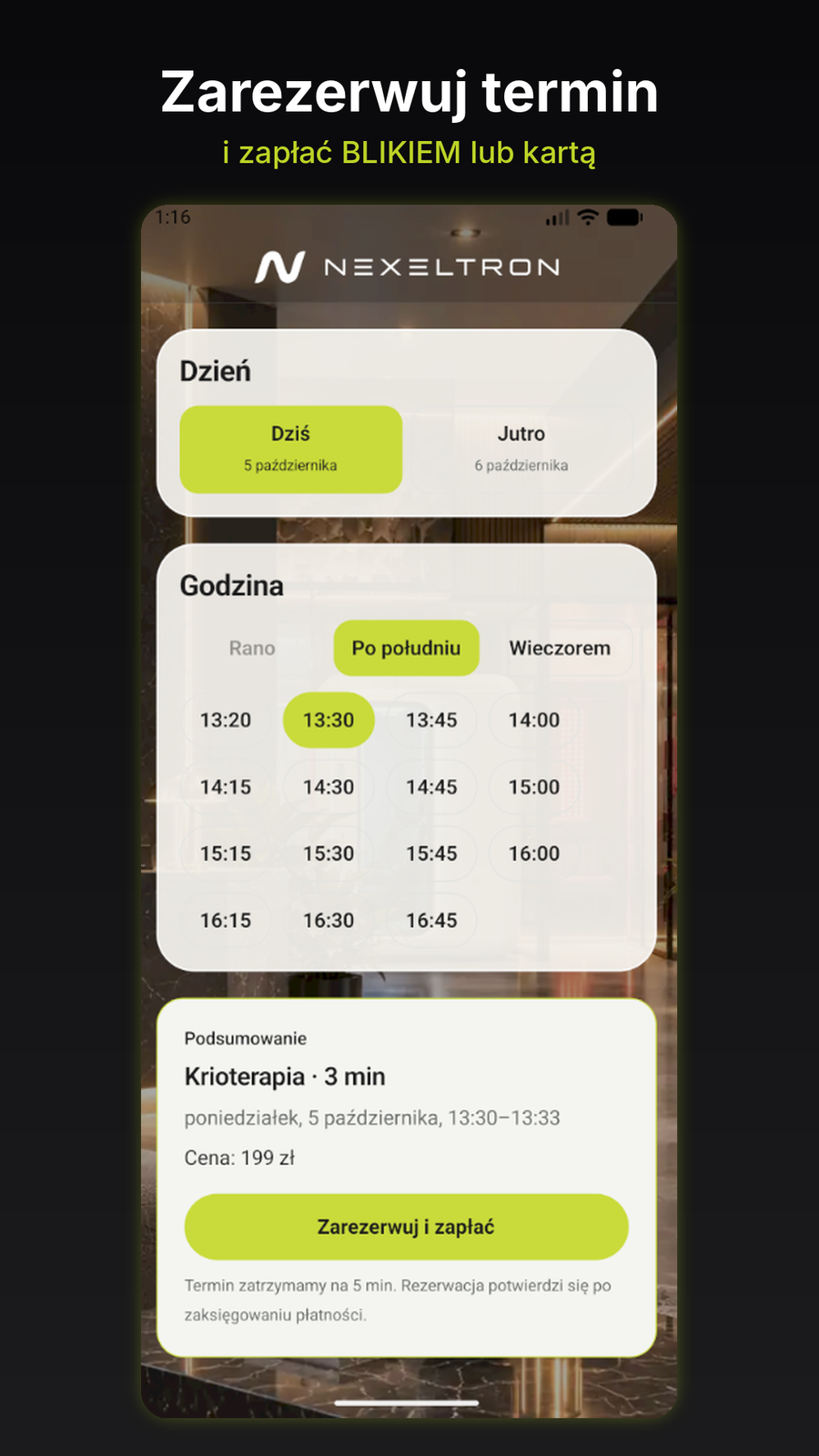 Rezerwacja sesji i płatność w Nexeltron App