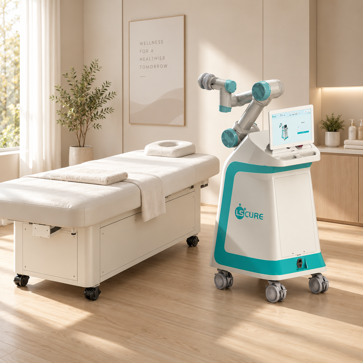 Stanowisko z robotycznym ramieniem w gabinecie wellness