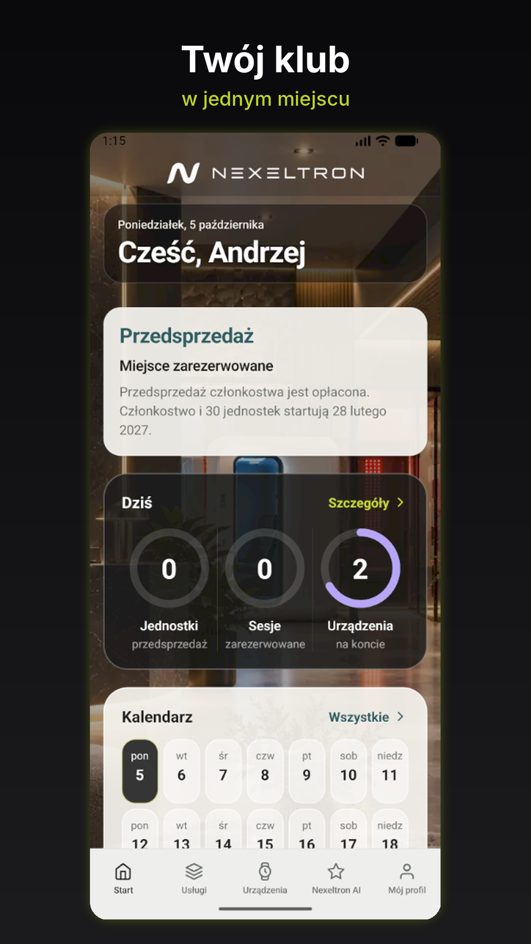 Ekran startowy Nexeltron App z kalendarzem sesji i poglądowym saldem jednostek